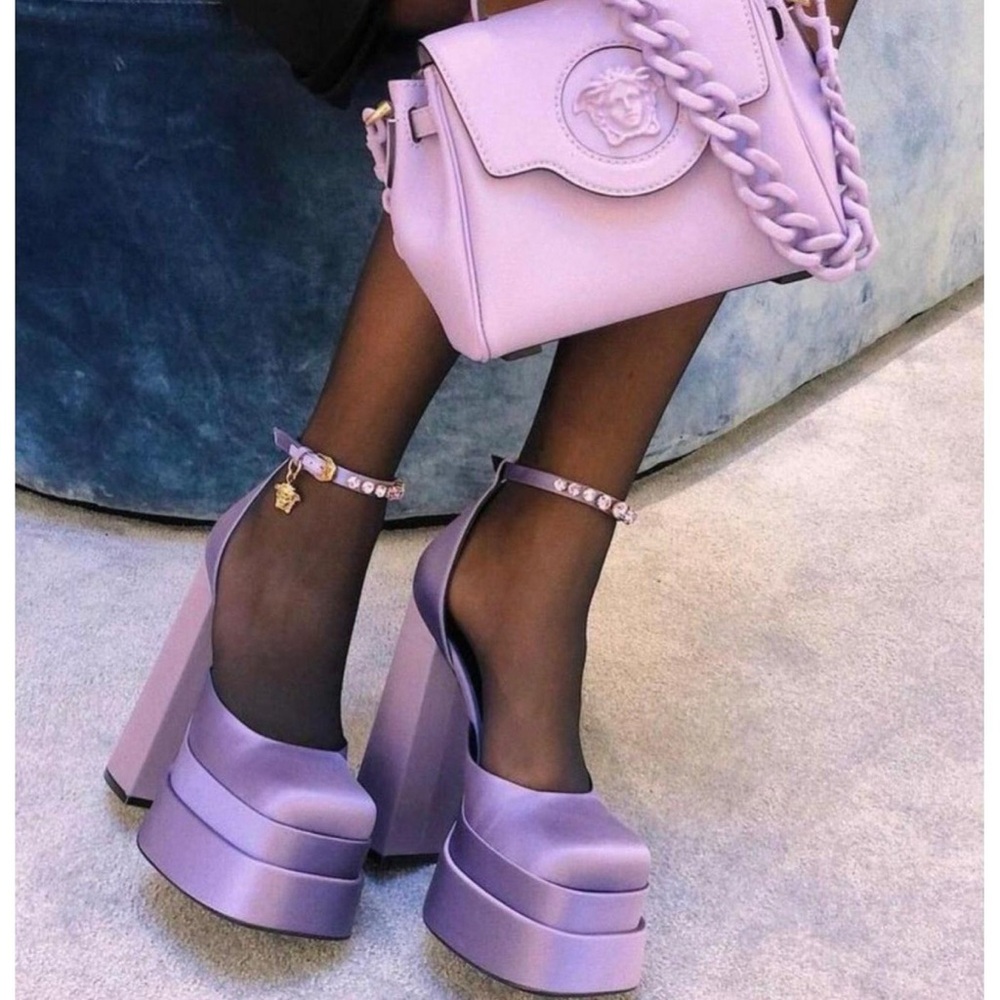 VERSACE Aevitas Purple Crystal-
Embellished Block Heel Platform